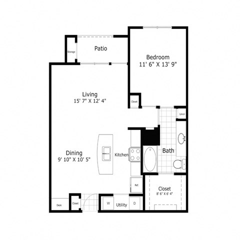 Floor plan for 1 bed, 1 bath, 816 sqft